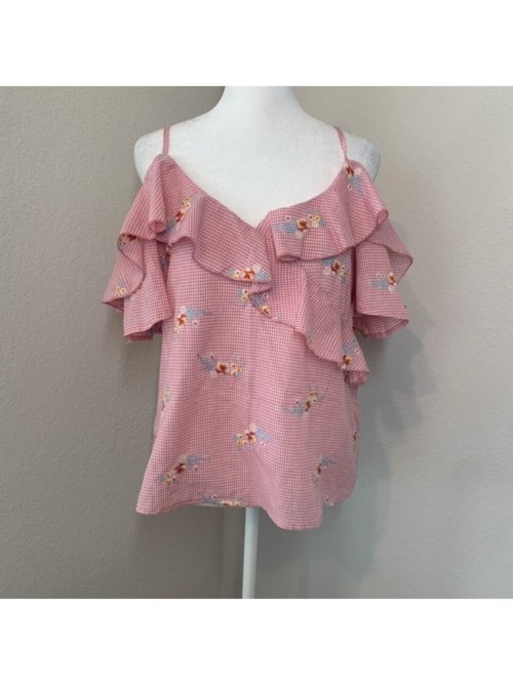 Gypsies & Moondust Pink Gingham Blouse Large Off Shoulder Cowgirl Embroidery